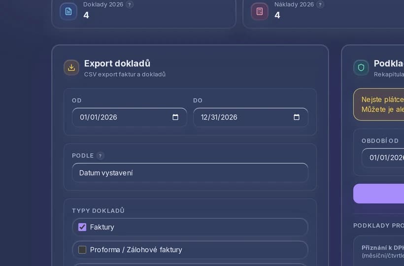 Výřez exportu dokladů a podkladů k DPH