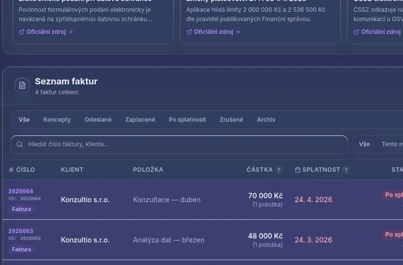 Výřez seznamu faktur v Ziskiu se stavem úhrad